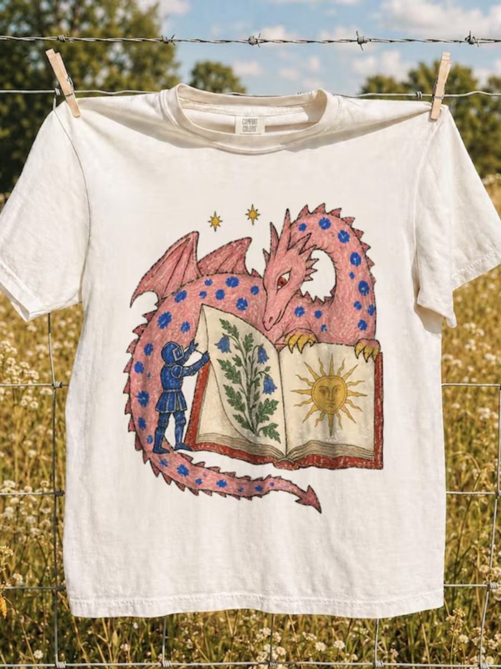 Ivory Short Sleeve Tee with Pink Dragon Storybook Graphic